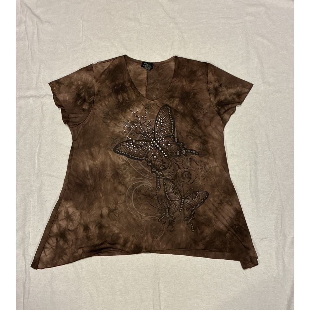 Women's Shirt 1X Brown Grunge Fairy Butterfly Tie-dye V-neck Whimsygoth VTG Y2K